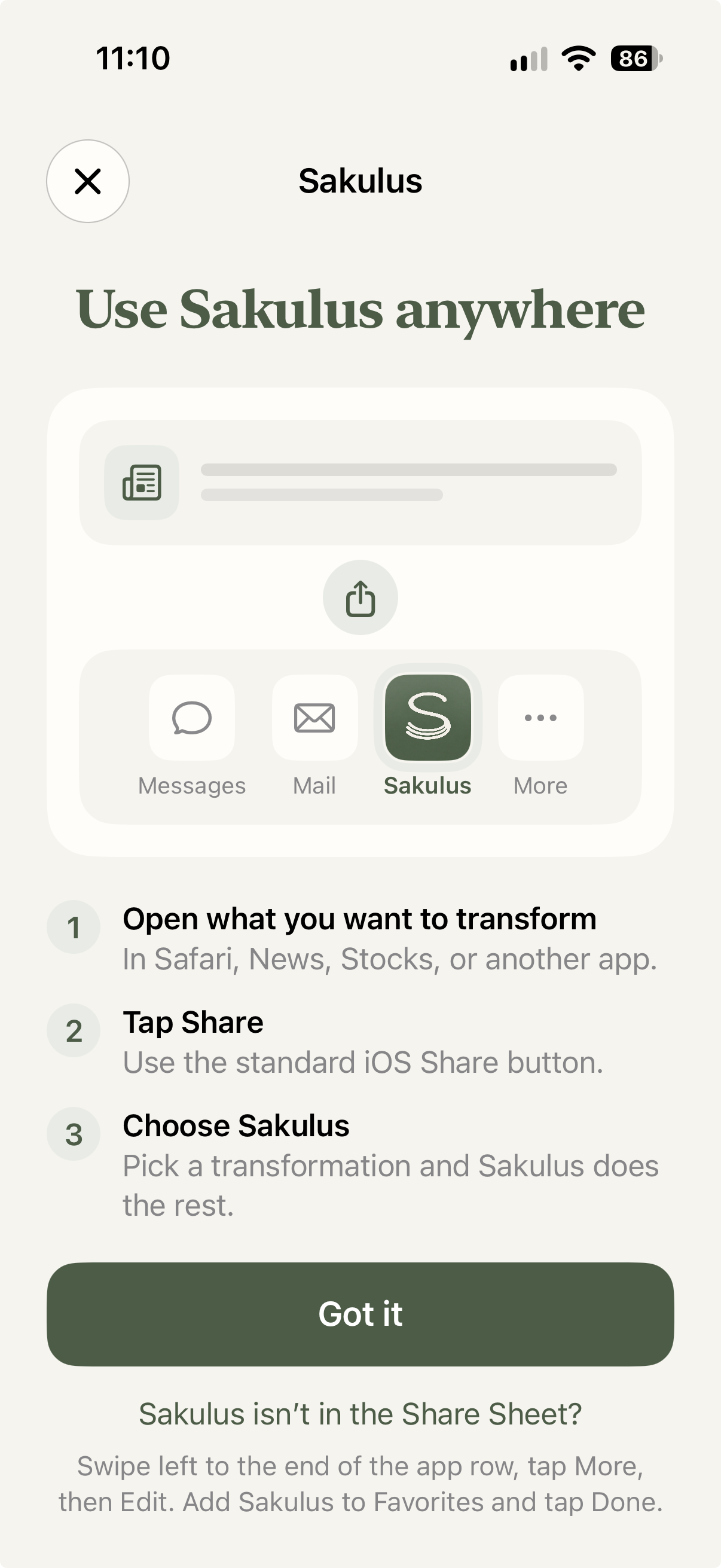 Sakulus's in-app guide showing how to open an item, tap Share, and choose Sakulus.
